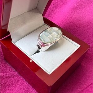 Silver (925) Mosiac Mother of Pearl Ring.
Baby blue with White and Silver tones.